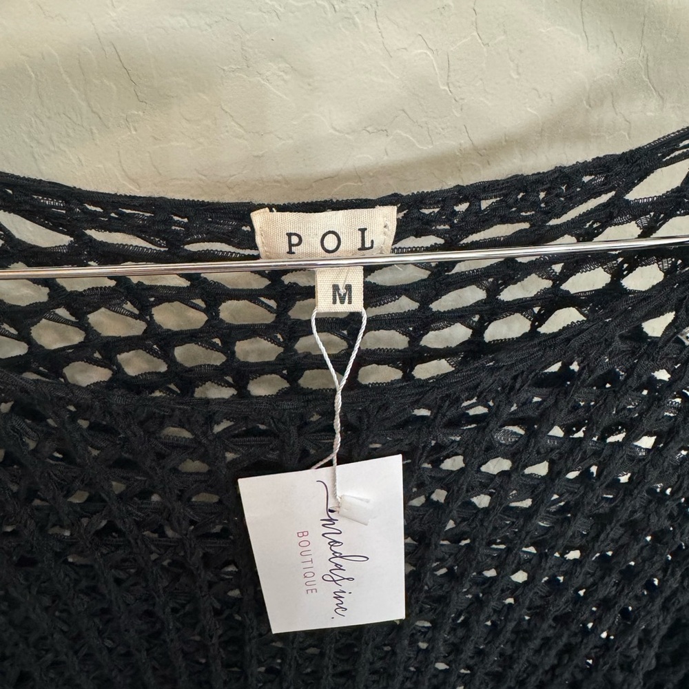 POL Black Open-Knit Crochet Scoop Neck Sweater New w Tags - Picture 2 of 4